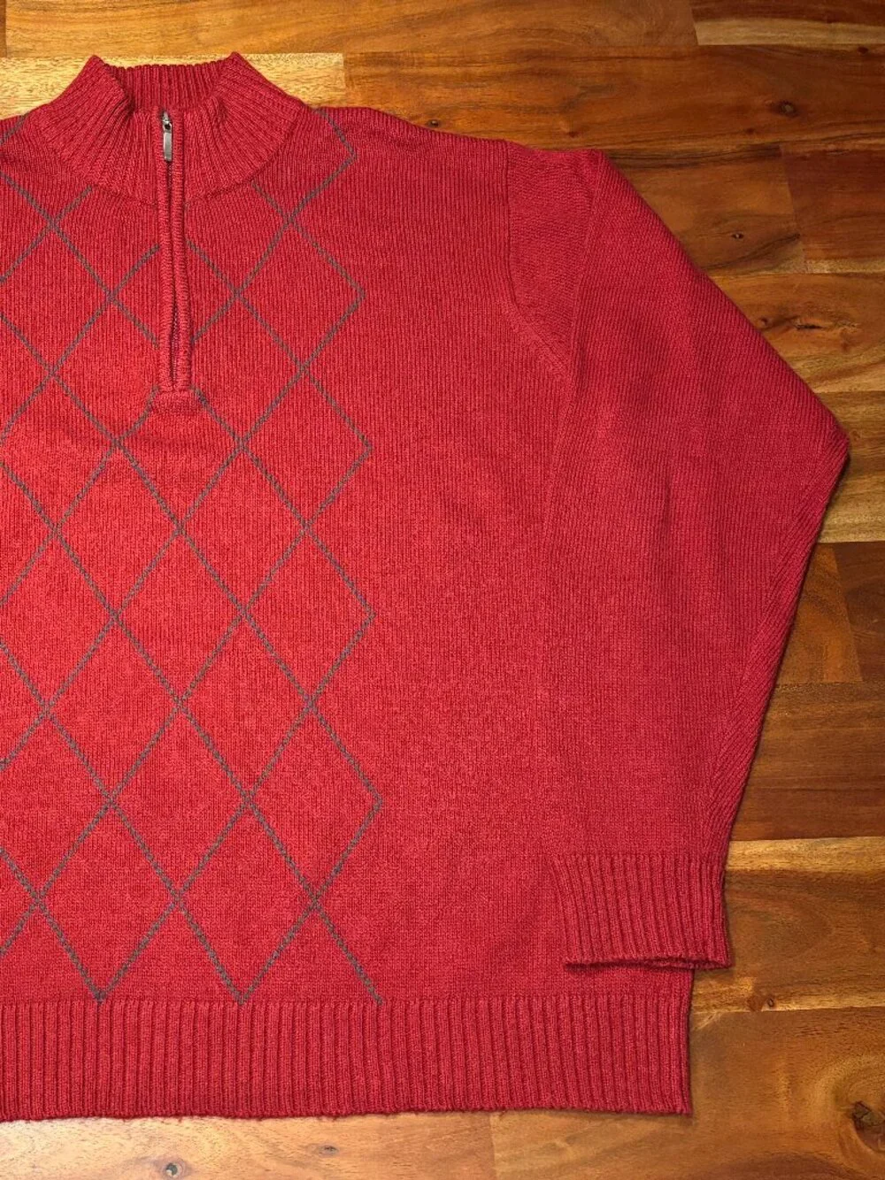 Oscar de la Renta Red Arglyle Quarter-Zip Sweater - Red - Large